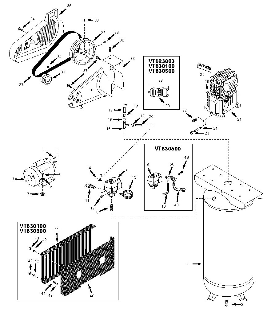 Tank Assembly Parts Diagram and Parts List for VT619503AJ  Campbell Hausfeld Compressor